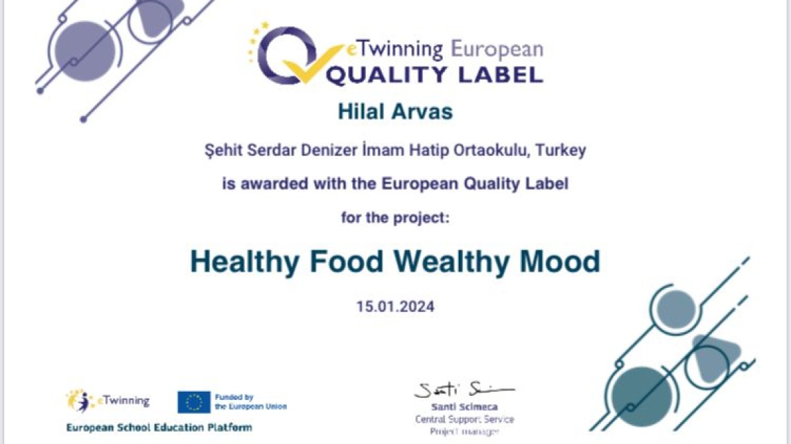2022-2023 eğitim öğretim döneminde İngilizce öğretmenimiz Hilal Arvas’ın kuruculuğunu yaptığı “Healthy Food Wealthy Mood” eTwinning projesi Avrupa Kalite Etiketine layık görüldü.